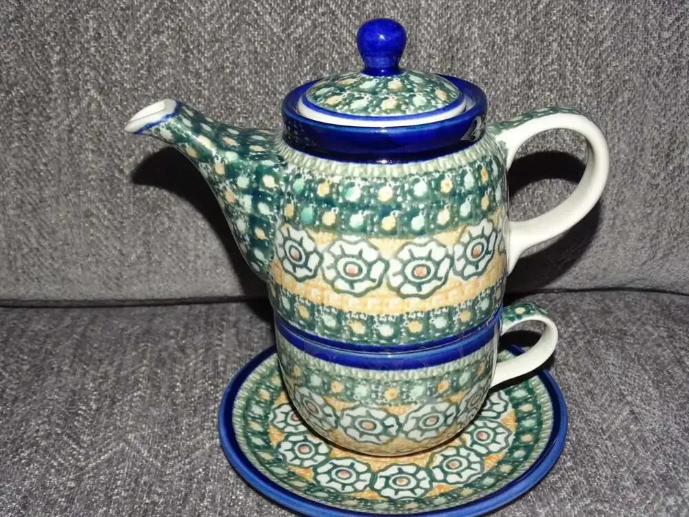 Ceramika Artystyczna Polish Pottery Tea Set with Teapot, Cup, and Saucer
